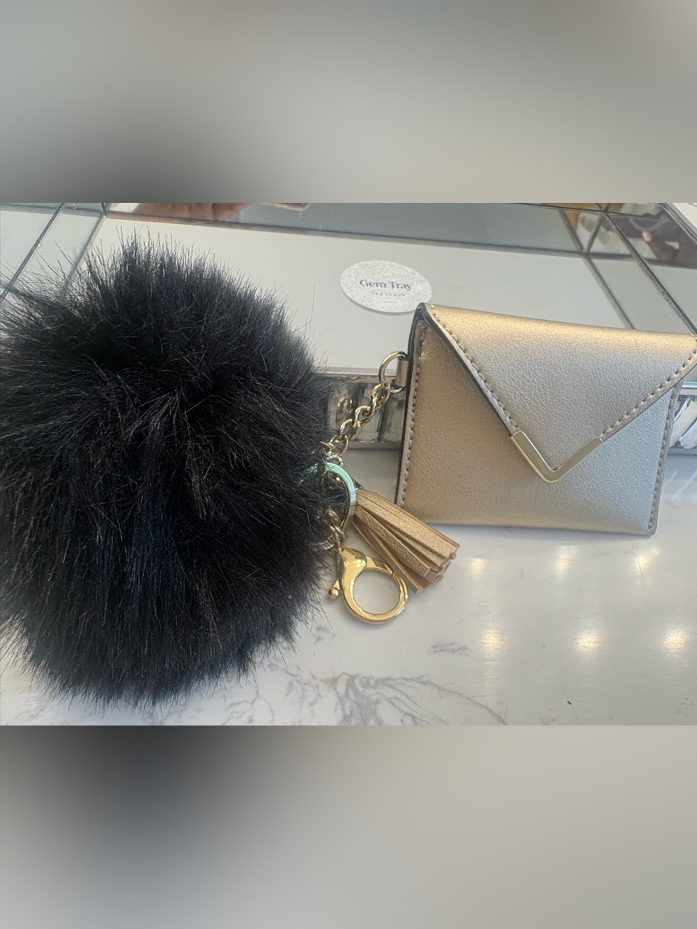 Gold Envelope Cardholder with Black Faux Fur Pom Keychain
